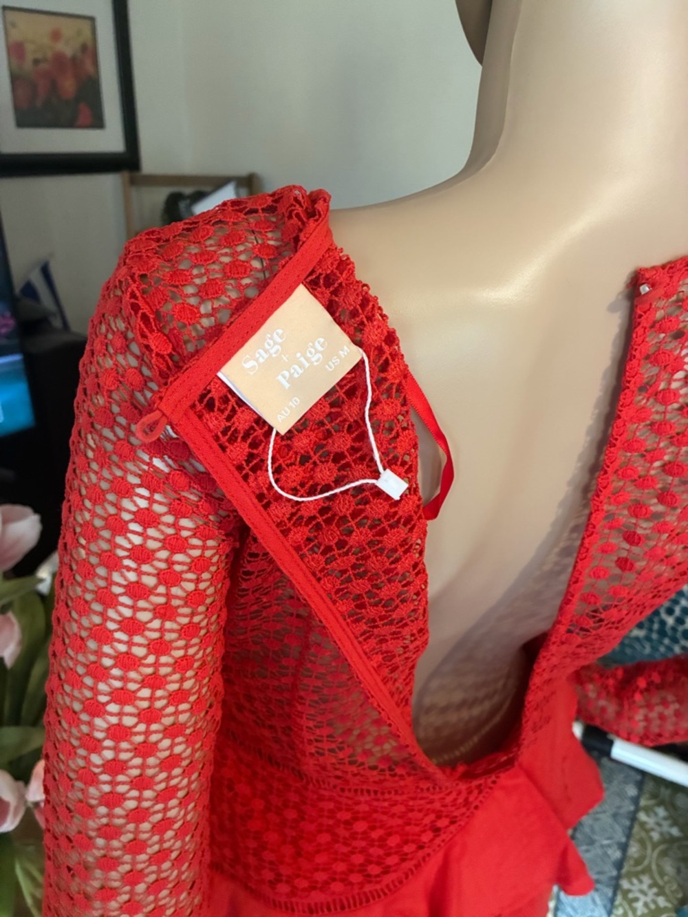 Sage + Paige Red Guipure Lace Mini Dress with Tiered Ruffles Size M - Picture 5 of 10